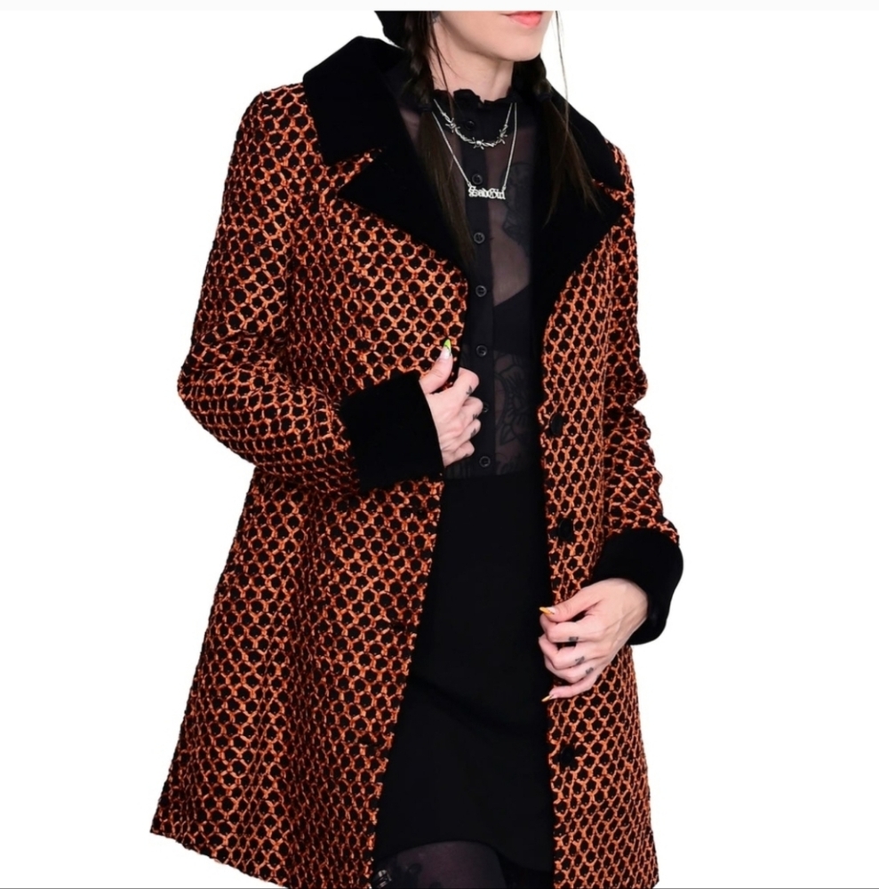 Chic Black and Orange Patterned Trench Coat